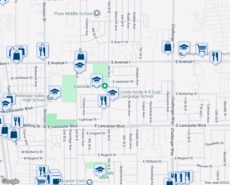 map of restaurants, bars, coffee shops, grocery stores, and more near 523 East Kettering Street in Lancaster