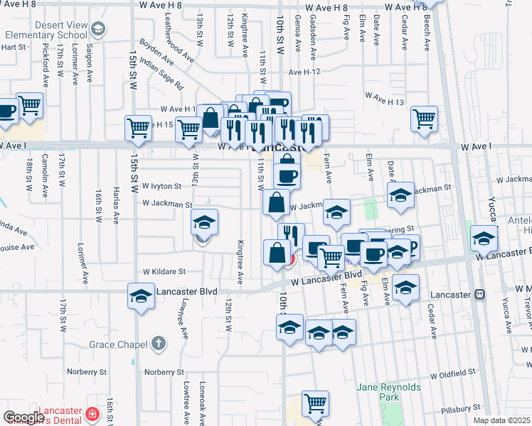 map of restaurants, bars, coffee shops, grocery stores, and more near 44960 11th Street West in Lancaster