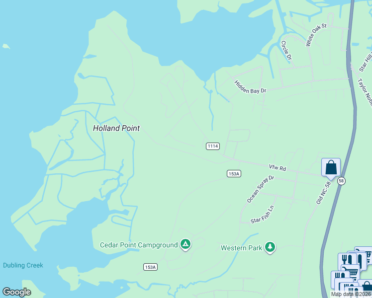 map of restaurants, bars, coffee shops, grocery stores, and more near 109 Meadowbrooke Court in Cape Carteret