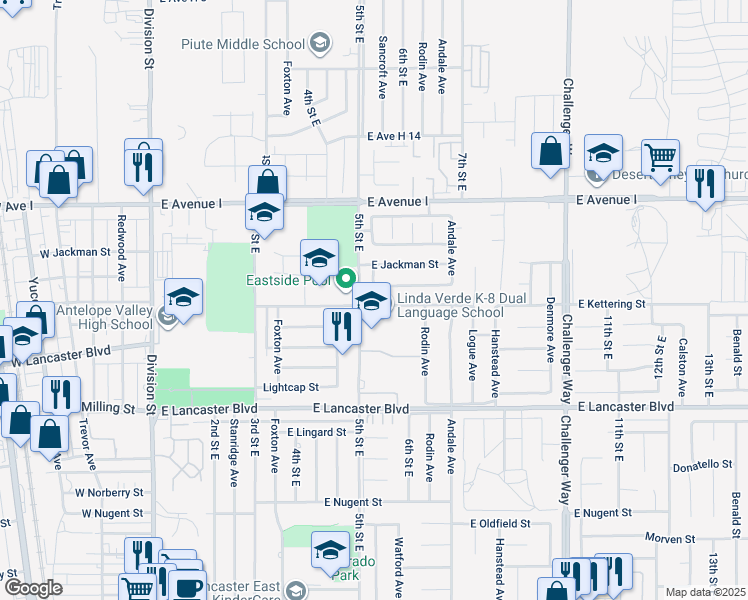 map of restaurants, bars, coffee shops, grocery stores, and more near 515 East Kettering Street in Lancaster