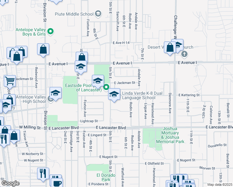 map of restaurants, bars, coffee shops, grocery stores, and more near 523 East Kettering Street in Lancaster