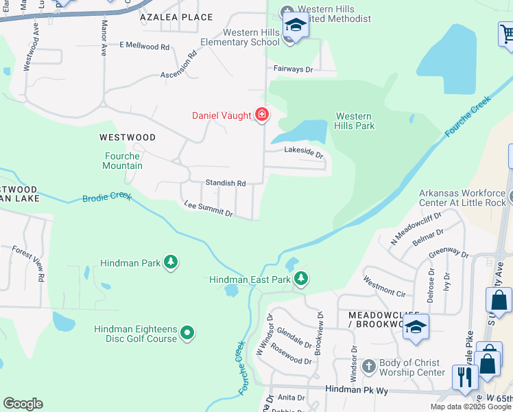 map of restaurants, bars, coffee shops, grocery stores, and more near 5427 Cardinal Road in Little Rock