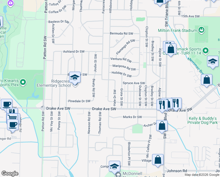 map of restaurants, bars, coffee shops, grocery stores, and more near 3105 Hillsboro Road Southwest in Huntsville