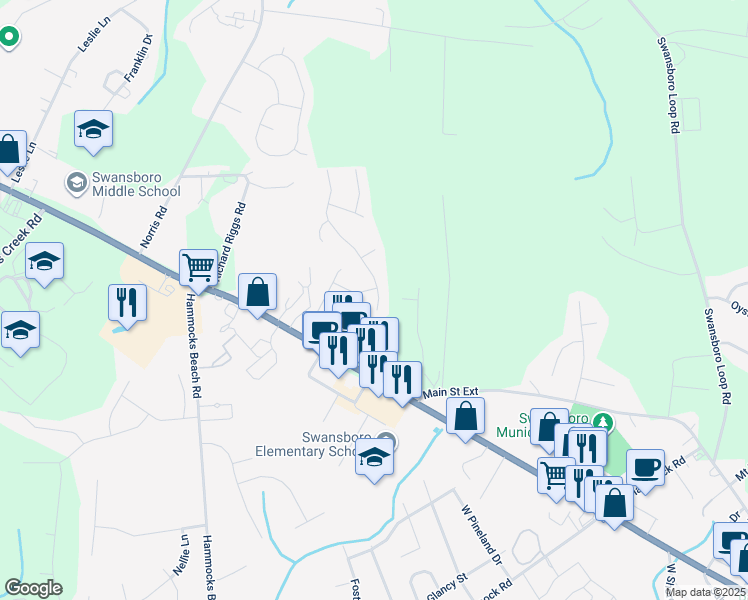 map of restaurants, bars, coffee shops, grocery stores, and more near 407 Patriot's Point Lane in Swansboro