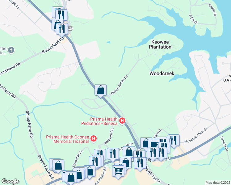 map of restaurants, bars, coffee shops, grocery stores, and more near 1015 Stephanie Lane in Seneca