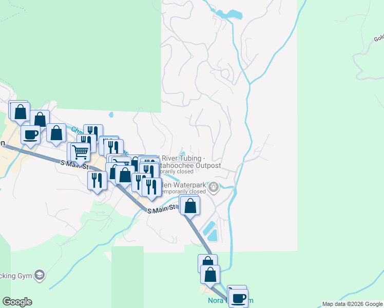 map of restaurants, bars, coffee shops, grocery stores, and more near 54 Kuvasz Weg in Helen