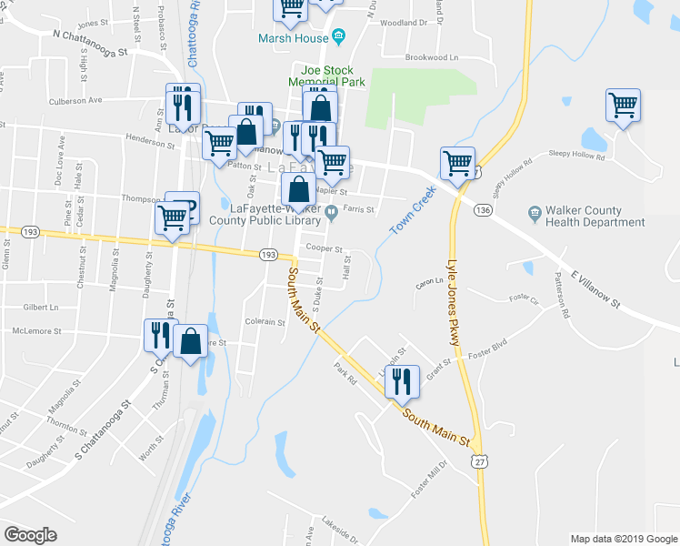 map of restaurants, bars, coffee shops, grocery stores, and more near 401 South Duke Street in LaFayette