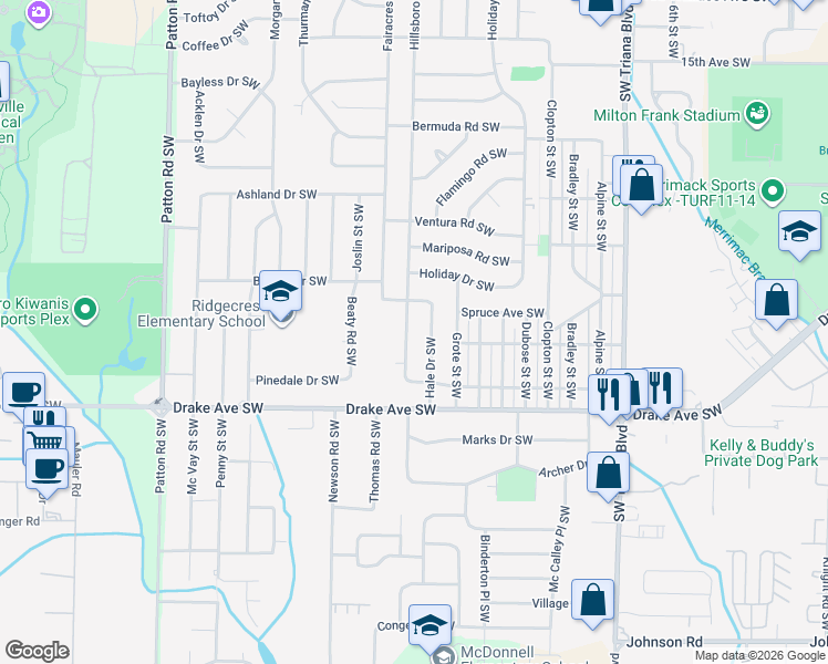 map of restaurants, bars, coffee shops, grocery stores, and more near 3105 Hillsboro Road Southwest in Huntsville