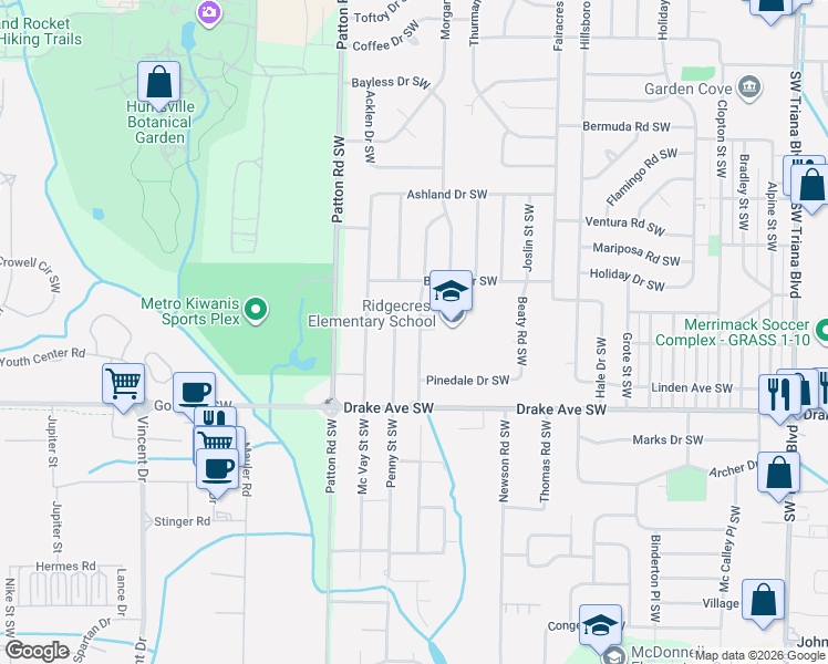 map of restaurants, bars, coffee shops, grocery stores, and more near 3602 Southwest Cerro Vista Street in Huntsville