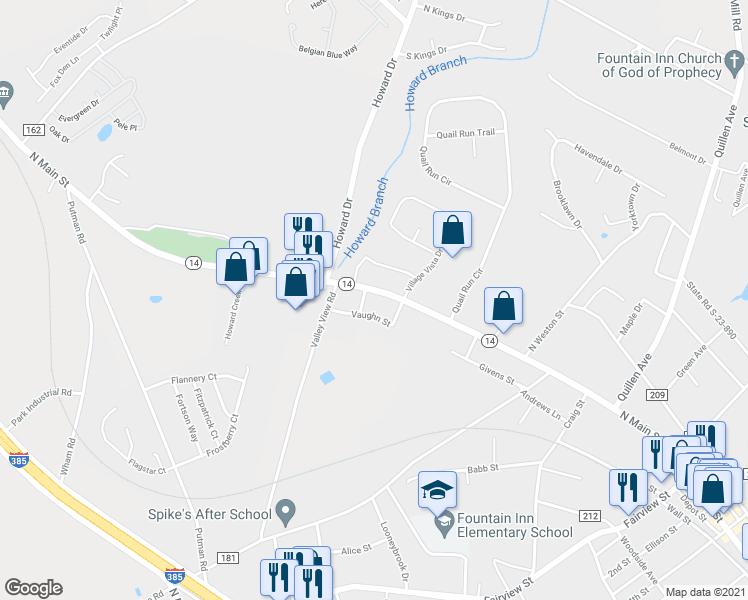 map of restaurants, bars, coffee shops, grocery stores, and more near 903 North Main Street in Fountain Inn