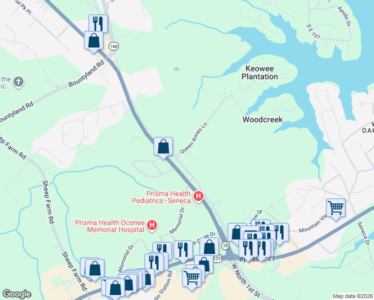 map of restaurants, bars, coffee shops, grocery stores, and more near 1011 Stephanie Lane in Seneca
