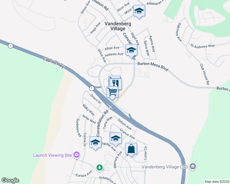 map of restaurants, bars, coffee shops, grocery stores, and more near 3734 Constellation Road in Lompoc