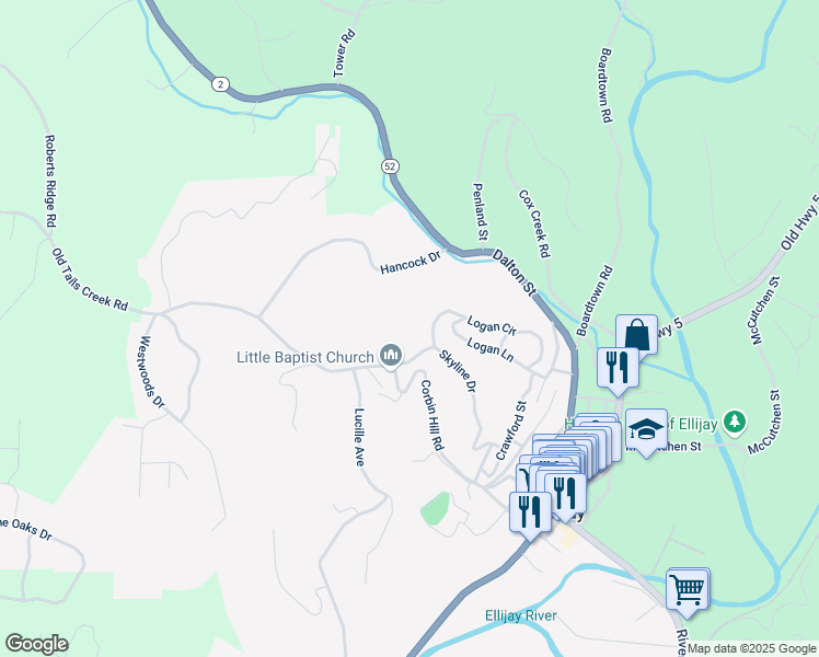 map of restaurants, bars, coffee shops, grocery stores, and more near 334 Logan Circle in Ellijay