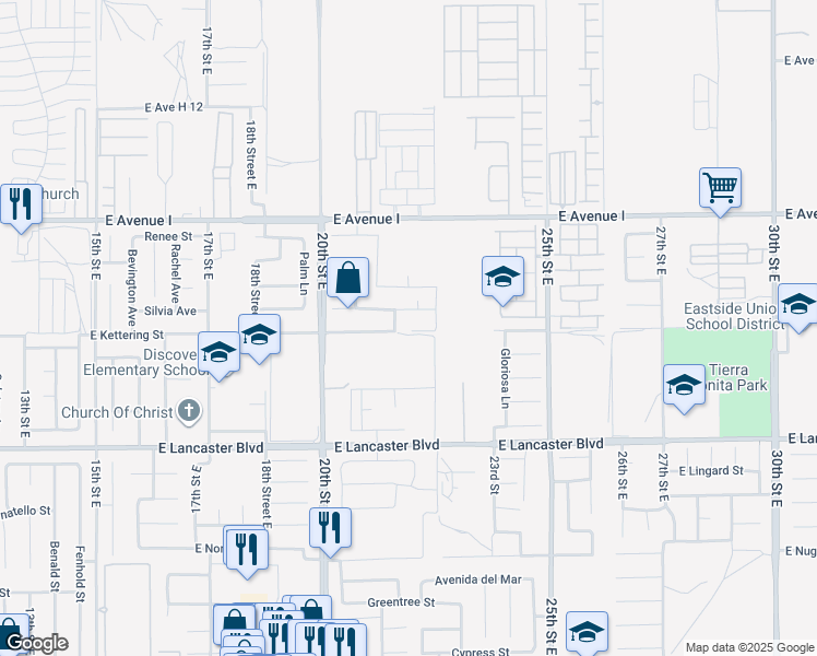 map of restaurants, bars, coffee shops, grocery stores, and more near 2133 East Kettering Street in Lancaster