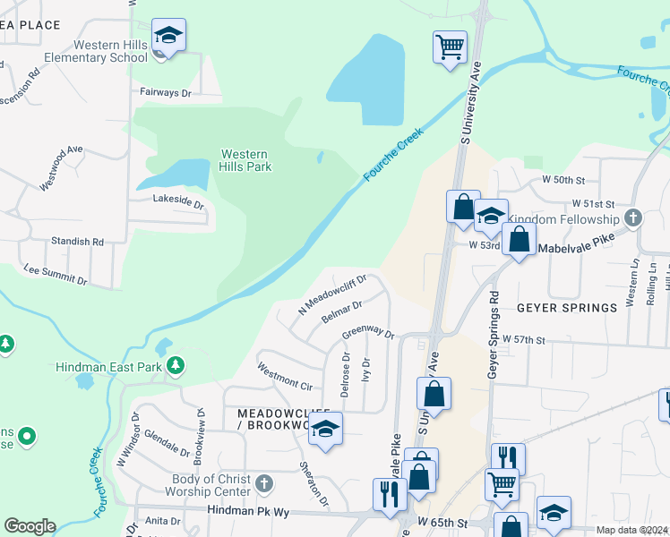map of restaurants, bars, coffee shops, grocery stores, and more near 7 North Meadowcliff Circle in Little Rock