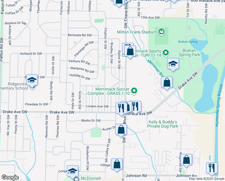 map of restaurants, bars, coffee shops, grocery stores, and more near 3506 Bradley Street Southwest in Huntsville