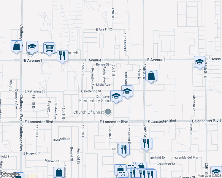map of restaurants, bars, coffee shops, grocery stores, and more near 1639 East Kettering Street in Lancaster