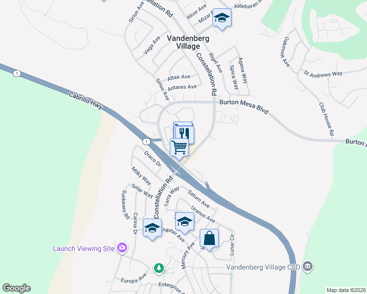 map of restaurants, bars, coffee shops, grocery stores, and more near 3734 Constellation Road in Lompoc