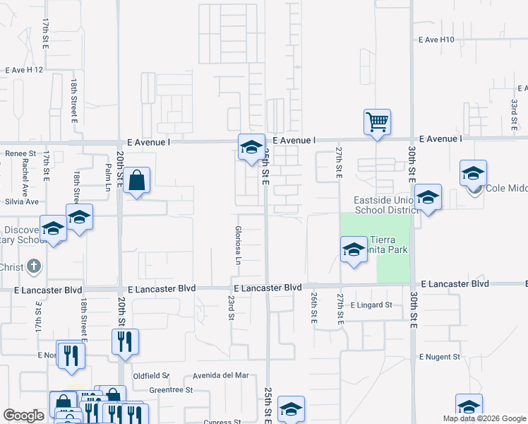 map of restaurants, bars, coffee shops, grocery stores, and more near 45111 25th Street East in Lancaster