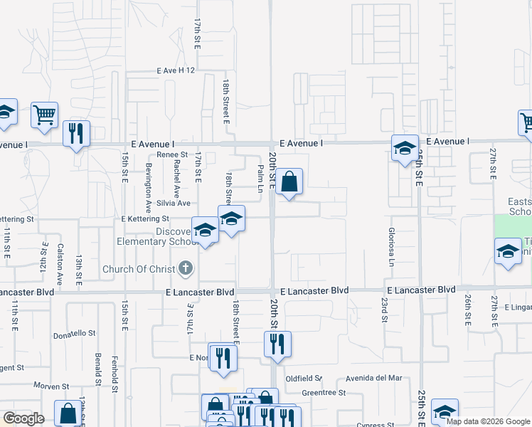 map of restaurants, bars, coffee shops, grocery stores, and more near 1859 East Kettering Street in Lancaster
