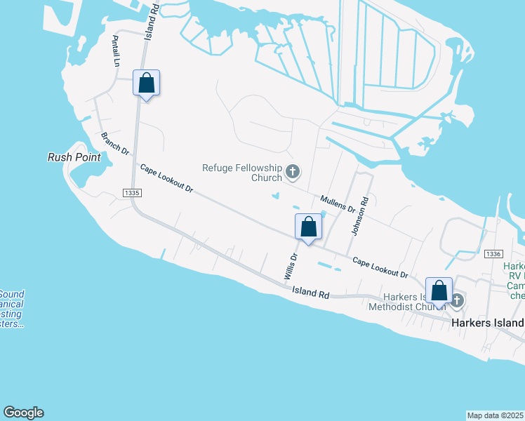 map of restaurants, bars, coffee shops, grocery stores, and more near 285 Cape Lookout Drive in Harkers Island