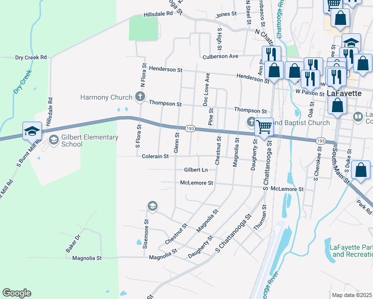 map of restaurants, bars, coffee shops, grocery stores, and more near 405 Glenn Street in LaFayette