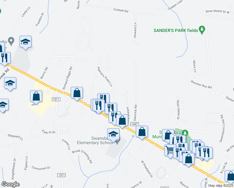 map of restaurants, bars, coffee shops, grocery stores, and more near 408 Patriot's Point Lane in Swansboro