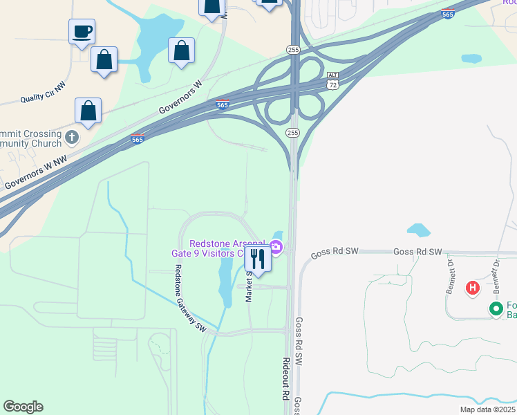 map of restaurants, bars, coffee shops, grocery stores, and more near 1000 Redstone Gateway Southwest in Huntsville
