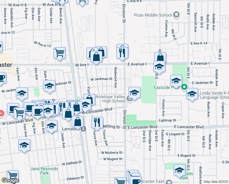 map of restaurants, bars, coffee shops, grocery stores, and more near 201 West Kettering Street in Lancaster