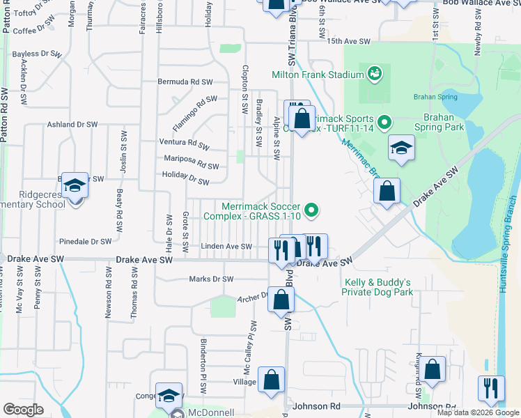 map of restaurants, bars, coffee shops, grocery stores, and more near 3506 Bradley Street Southwest in Huntsville