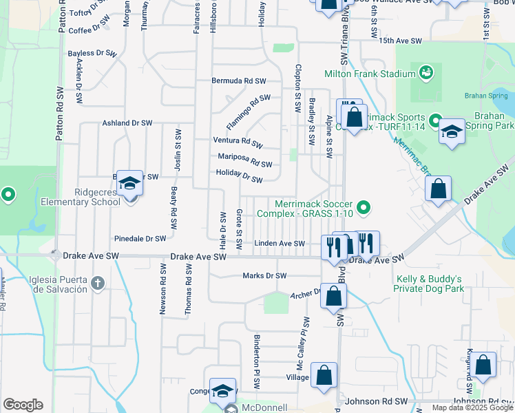 map of restaurants, bars, coffee shops, grocery stores, and more near 3500 Emm Ell Street Southwest in Huntsville