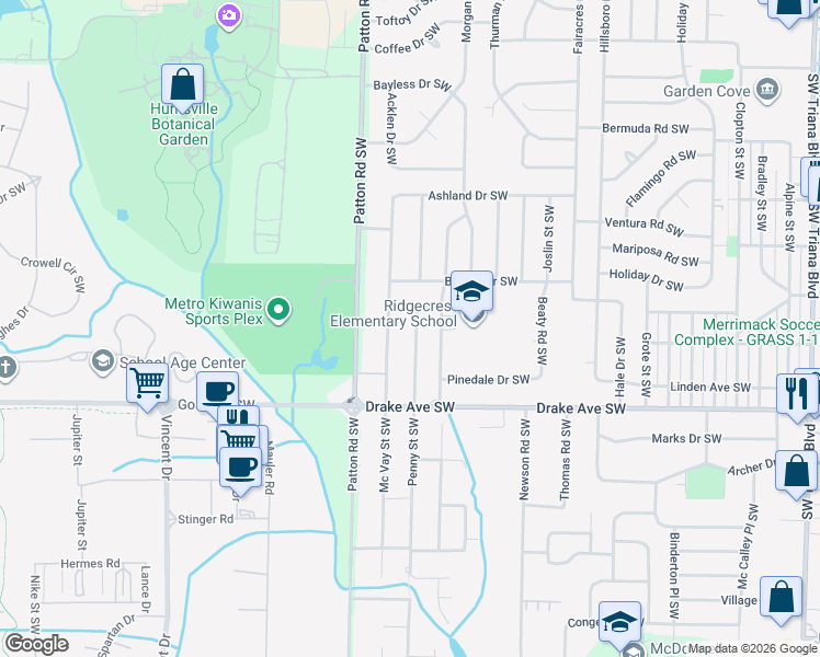 map of restaurants, bars, coffee shops, grocery stores, and more near 3606 Penny Street Southwest in Huntsville