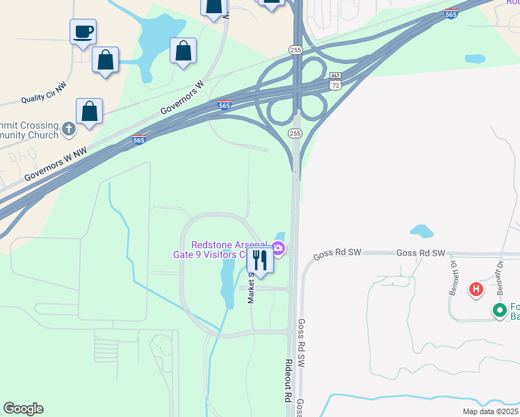 map of restaurants, bars, coffee shops, grocery stores, and more near 1000 Redstone Gateway Southwest in Huntsville