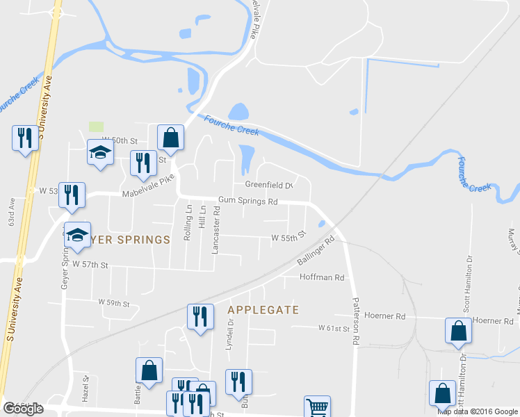 map of restaurants, bars, coffee shops, grocery stores, and more near 4905 Gum Springs Road in Little Rock