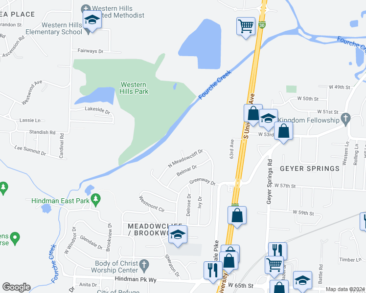 map of restaurants, bars, coffee shops, grocery stores, and more near 7 North Meadowcliff Circle in Little Rock