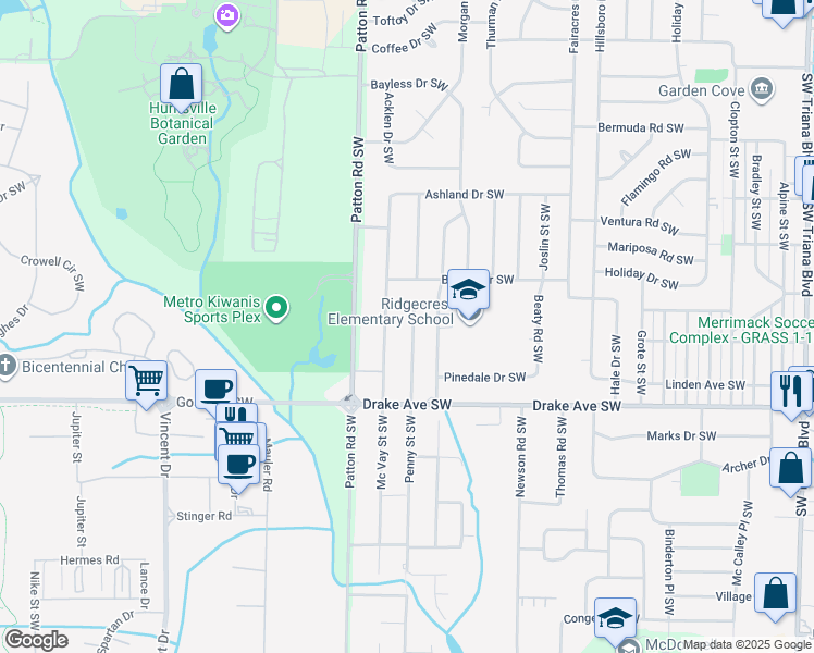 map of restaurants, bars, coffee shops, grocery stores, and more near 3606 Penny Street Southwest in Huntsville