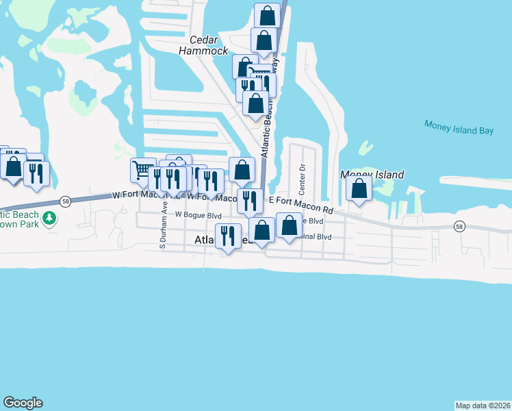 map of restaurants, bars, coffee shops, grocery stores, and more near 101 East Fort Macon Road in Atlantic Beach
