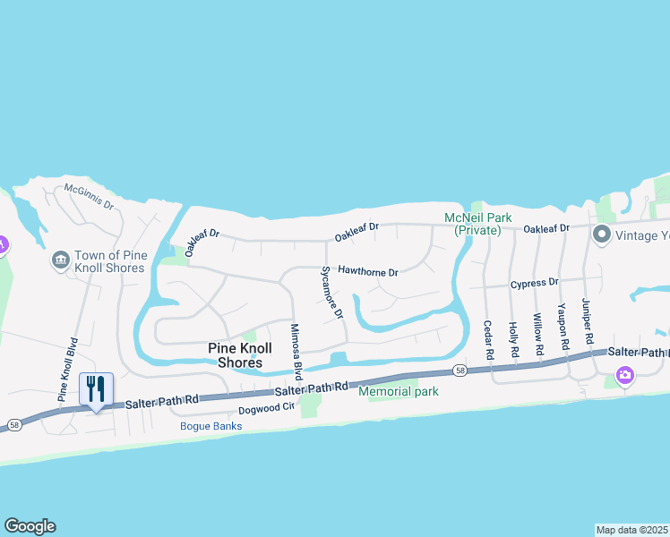 map of restaurants, bars, coffee shops, grocery stores, and more near 133 Hawthorne Dr in Pine Knoll Shores