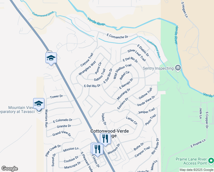 map of restaurants, bars, coffee shops, grocery stores, and more near 4021 East Del Rio Drive in Cottonwood