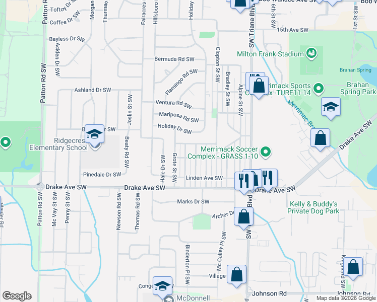 map of restaurants, bars, coffee shops, grocery stores, and more near 3500 Emm Ell Street Southwest in Huntsville