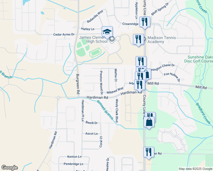 map of restaurants, bars, coffee shops, grocery stores, and more near 105 Carlton Woods Drive in Madison