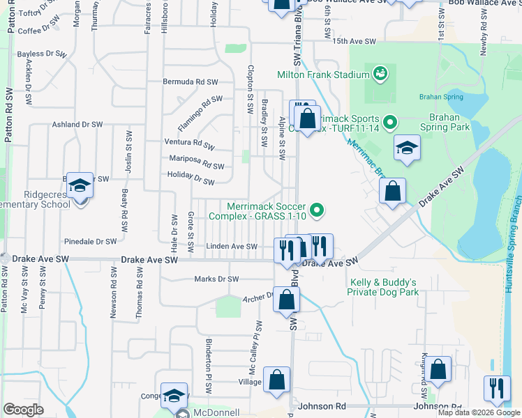 map of restaurants, bars, coffee shops, grocery stores, and more near 3506 Bradley Street Southwest in Huntsville
