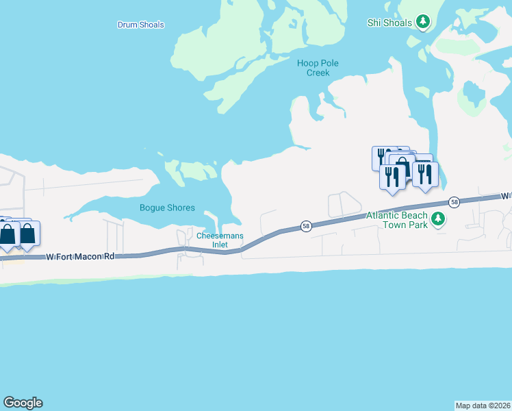 map of restaurants, bars, coffee shops, grocery stores, and more near Coral Bay Ct in Atlantic Beach