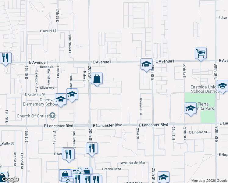 map of restaurants, bars, coffee shops, grocery stores, and more near 2133 East Kettering Street in Lancaster