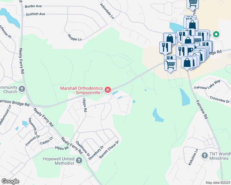 map of restaurants, bars, coffee shops, grocery stores, and more near 547 Harrison Bridge Road in Simpsonville