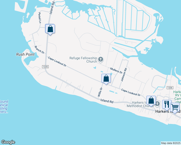 map of restaurants, bars, coffee shops, grocery stores, and more near 285 Cape Lookout Drive in Harkers Island