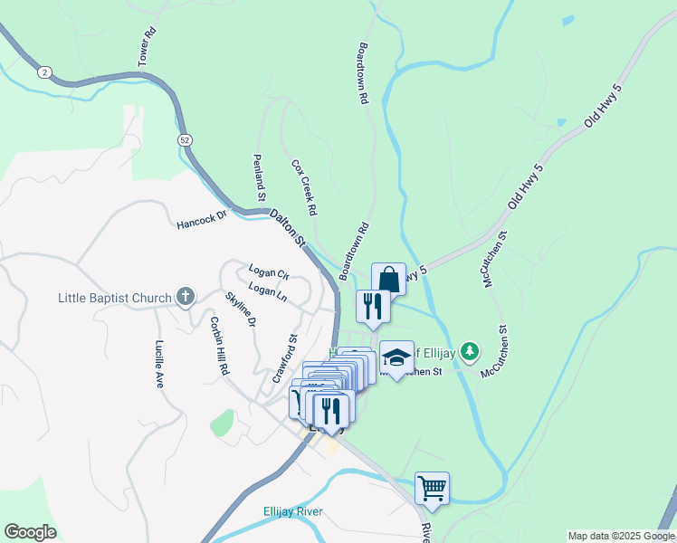 map of restaurants, bars, coffee shops, grocery stores, and more near 387 Boardtown Road in Ellijay