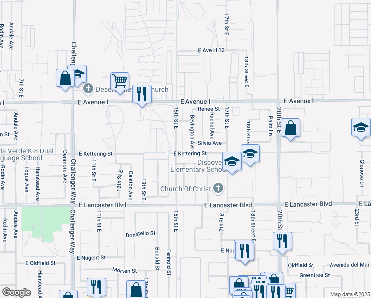 map of restaurants, bars, coffee shops, grocery stores, and more near 45015 Bevington Avenue in Lancaster