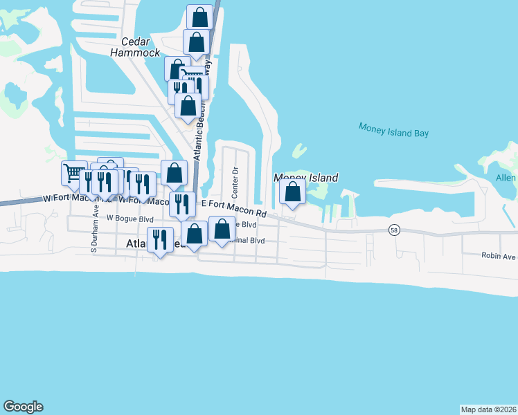 map of restaurants, bars, coffee shops, grocery stores, and more near 320 East Fort Macon Road in Atlantic Beach
