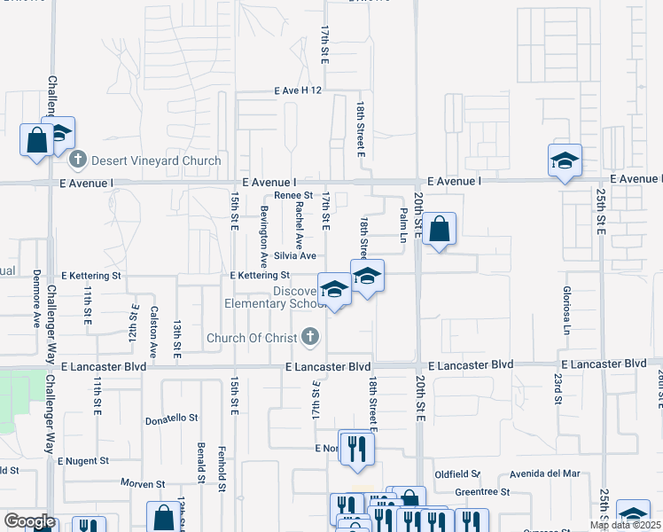 map of restaurants, bars, coffee shops, grocery stores, and more near East Kettering Street in Lancaster